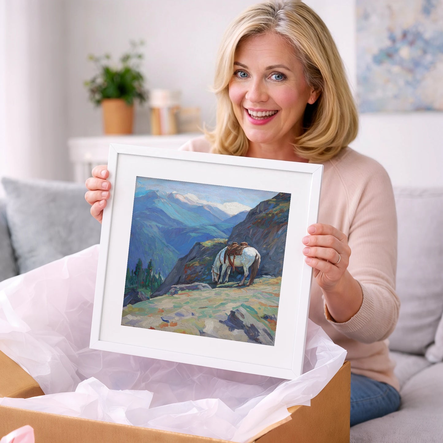 Alpine Trail Halt - horse landscape art gift idea for horse lovers