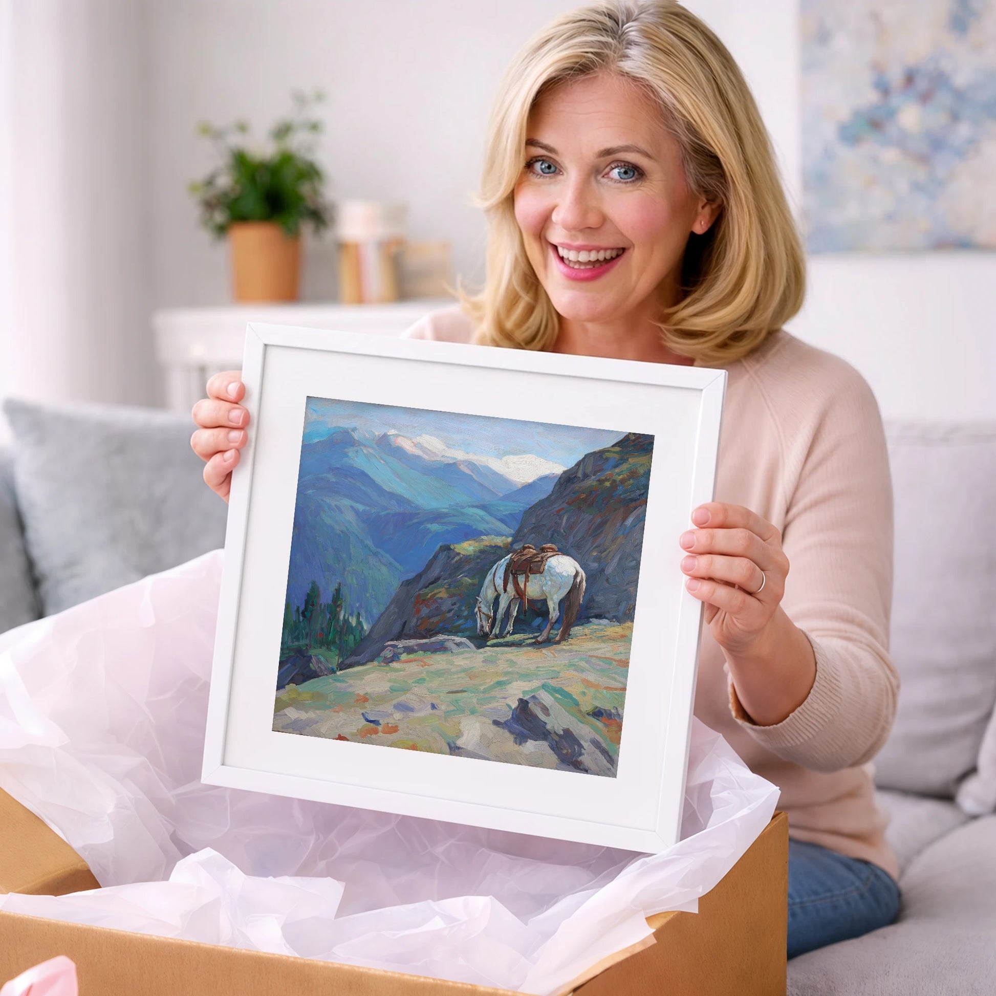 Alpine Trail Halt - horse landscape art gift idea for horse lovers