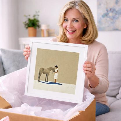 Grey Horse and Navy Shadow - horse & rider art gift idea for horse lovers
