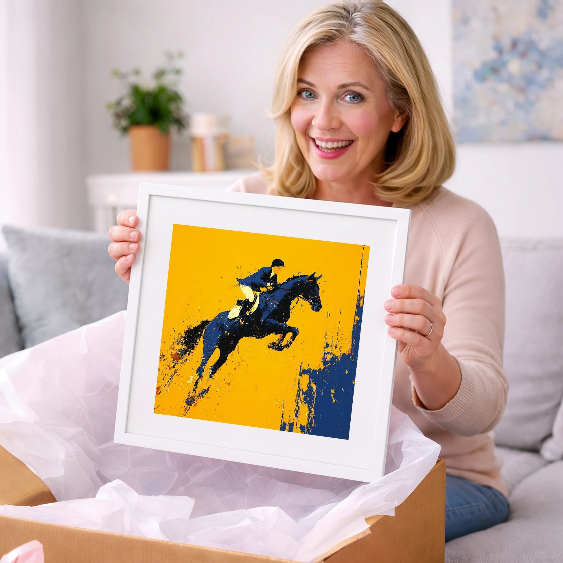 Airborne Over Gold - show jumping horse art gift idea for horse lovers