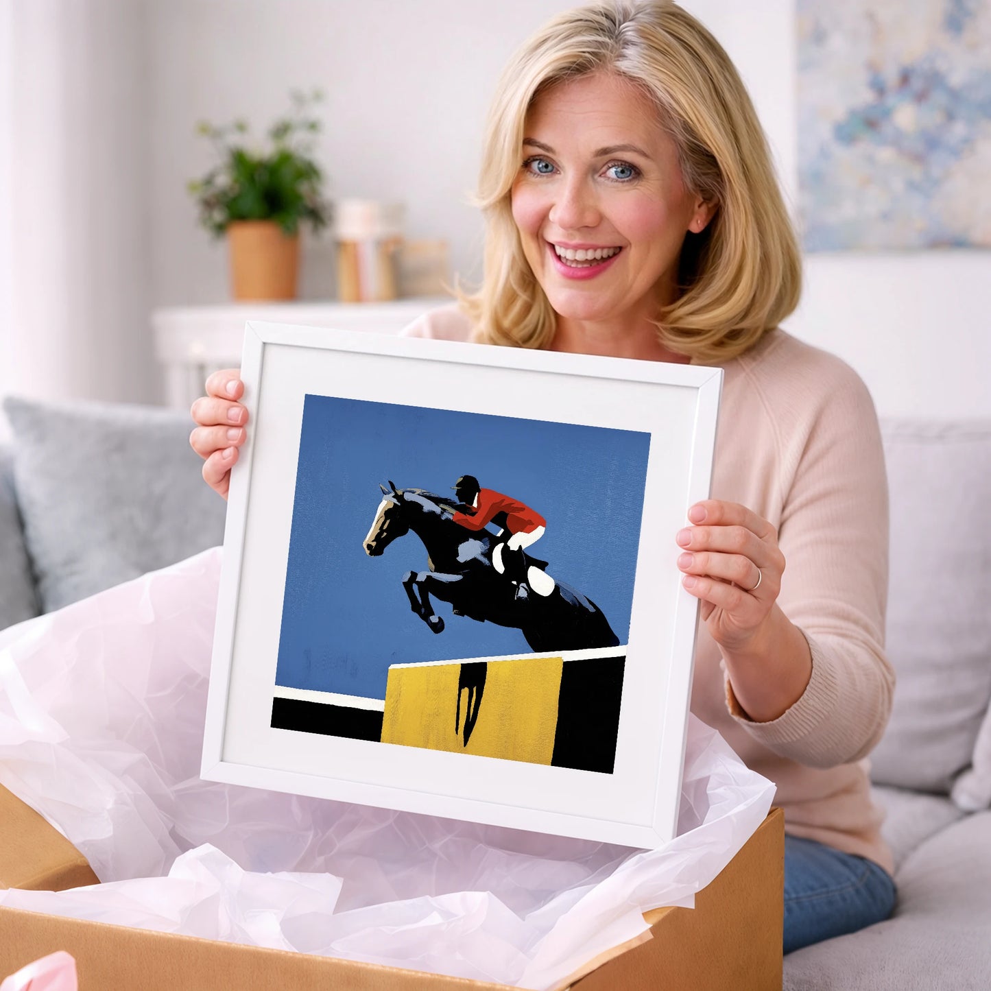 Suspended in Blue - show jumping horse art gift idea for horse lovers