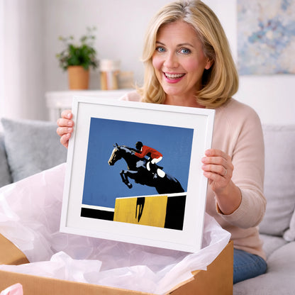 Suspended in Blue - show jumping horse art gift idea for horse lovers
