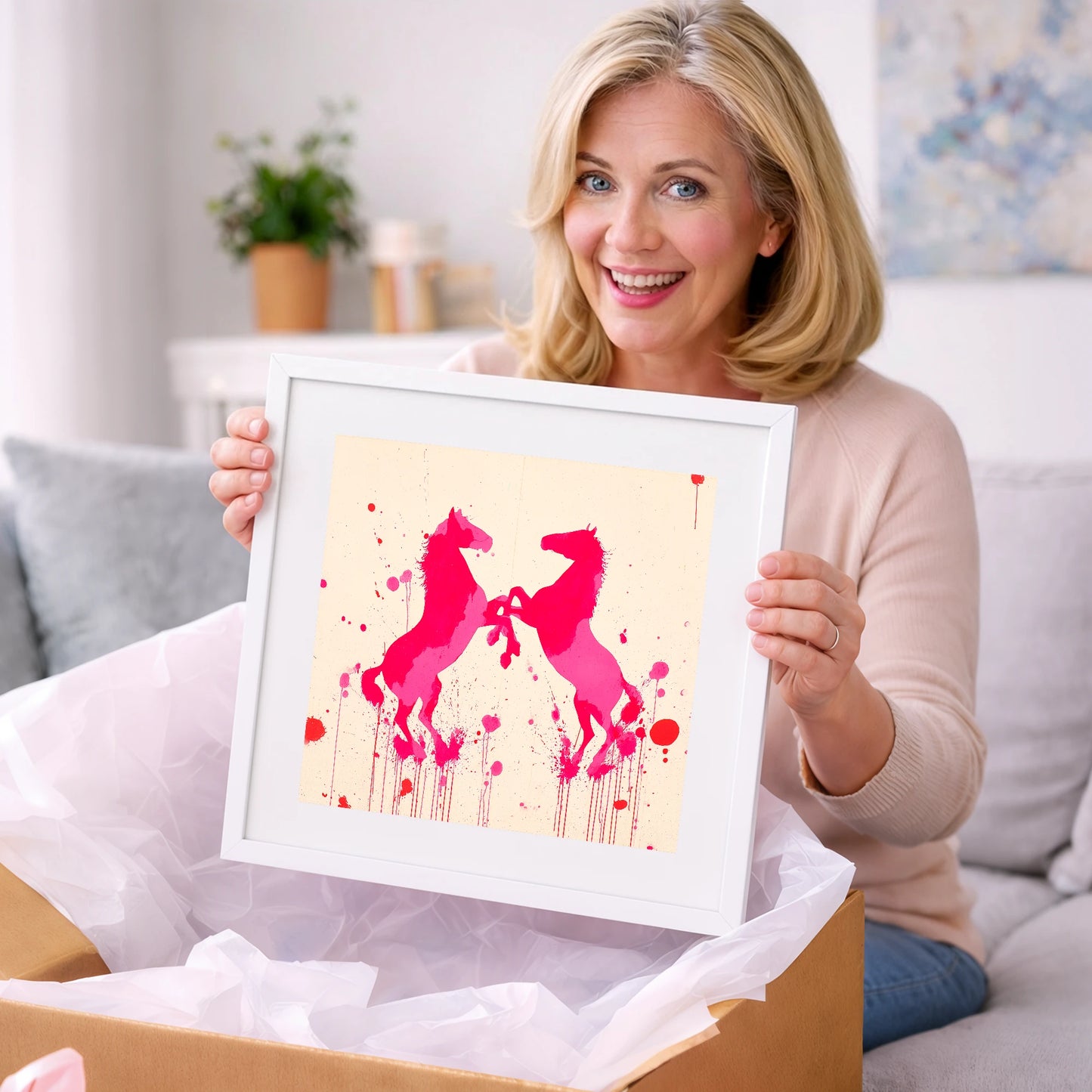 Rearing in Magenta - wild horses art gift idea for horse lovers