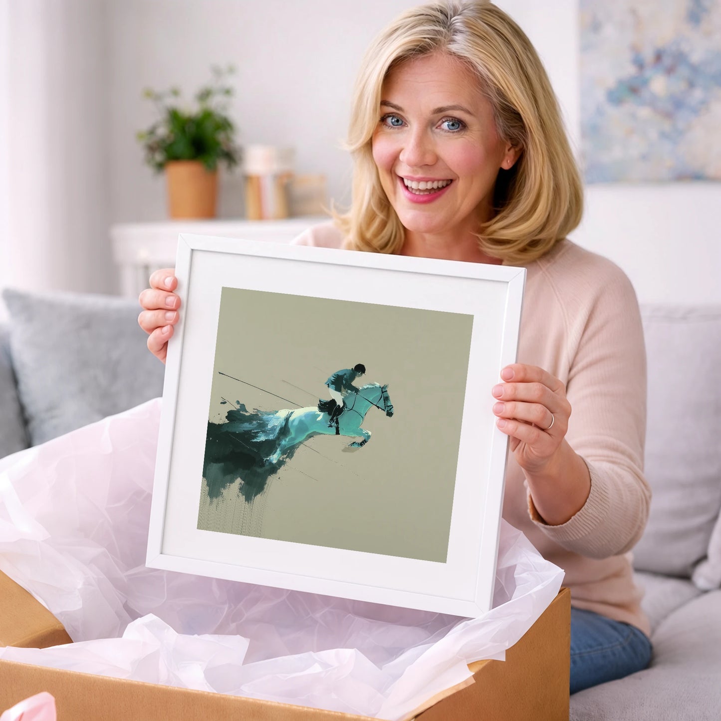 Momentum in Teal - show jumping horse art gift idea for horse lovers