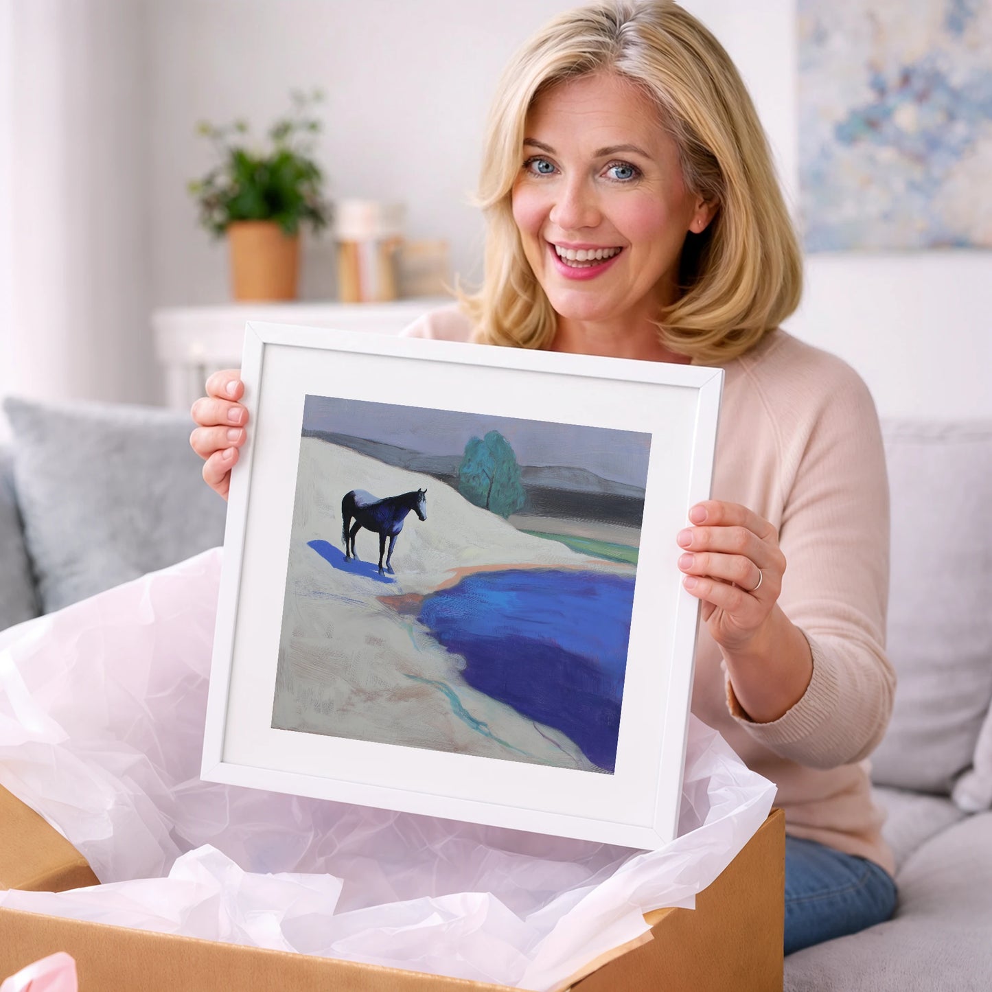 Blue Shore Solitude - horse landscape art gift idea for horse lovers