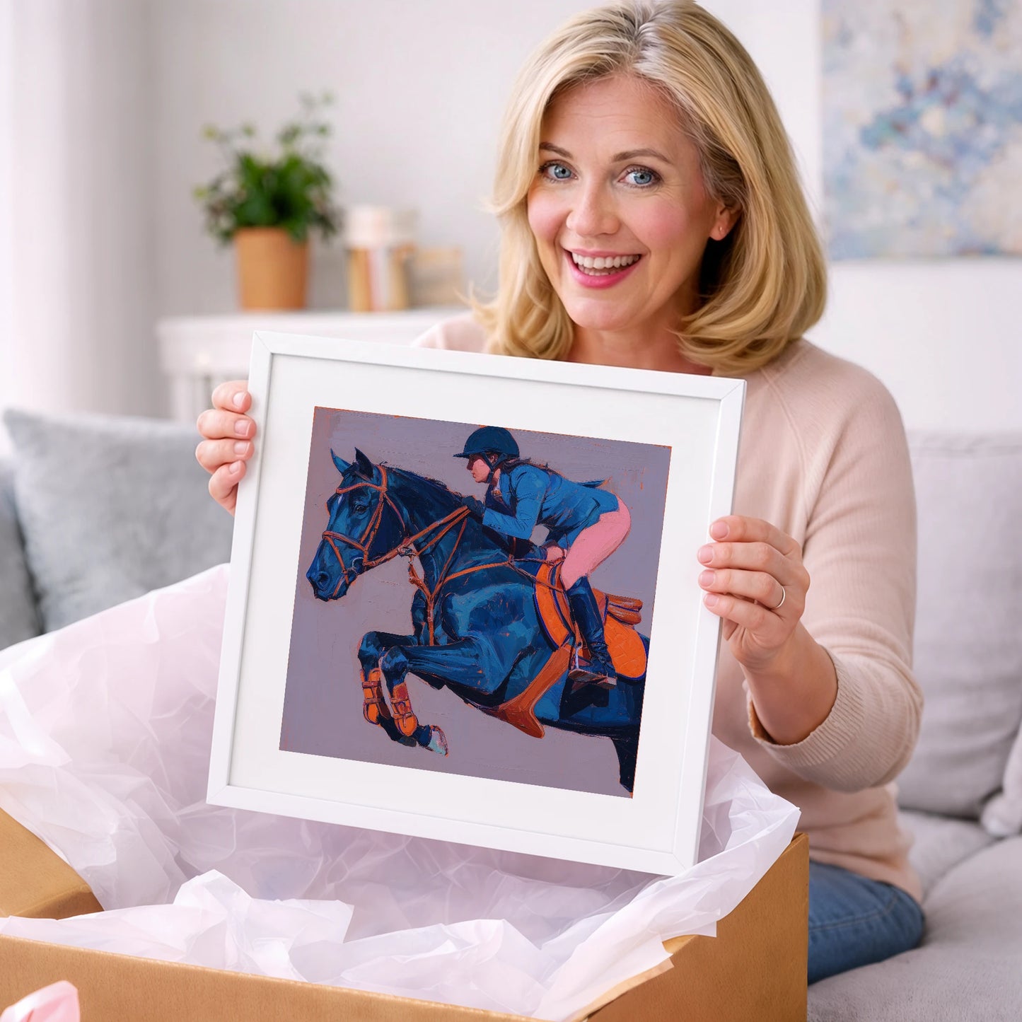 Flight in Indigo - show jumping horse art gift idea for horse lovers