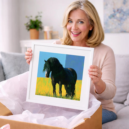 Black Cob in Yellow Field - horse breed art gift idea for horse lovers