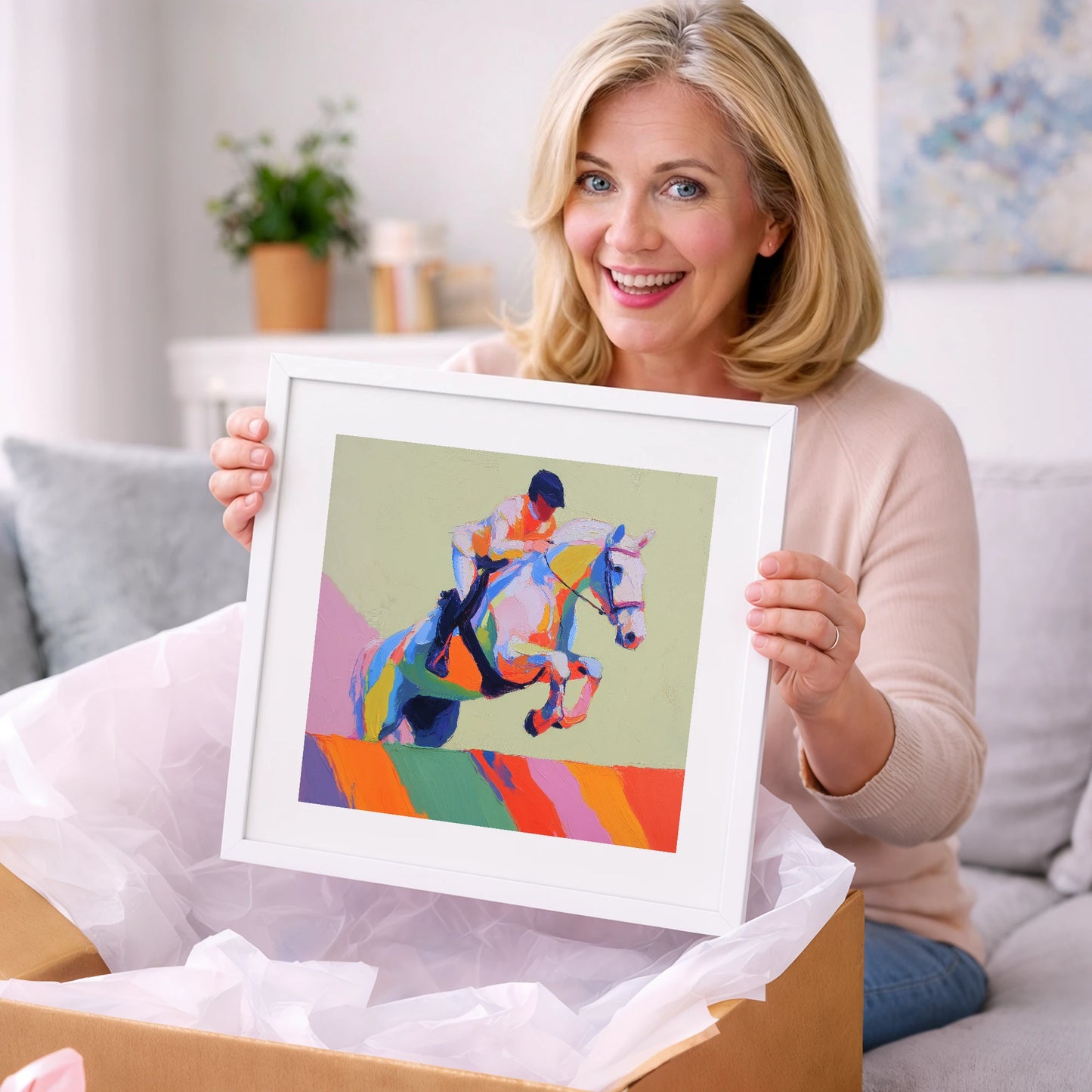 Technicolour Leap - show jumping horse art gift idea for horse lovers