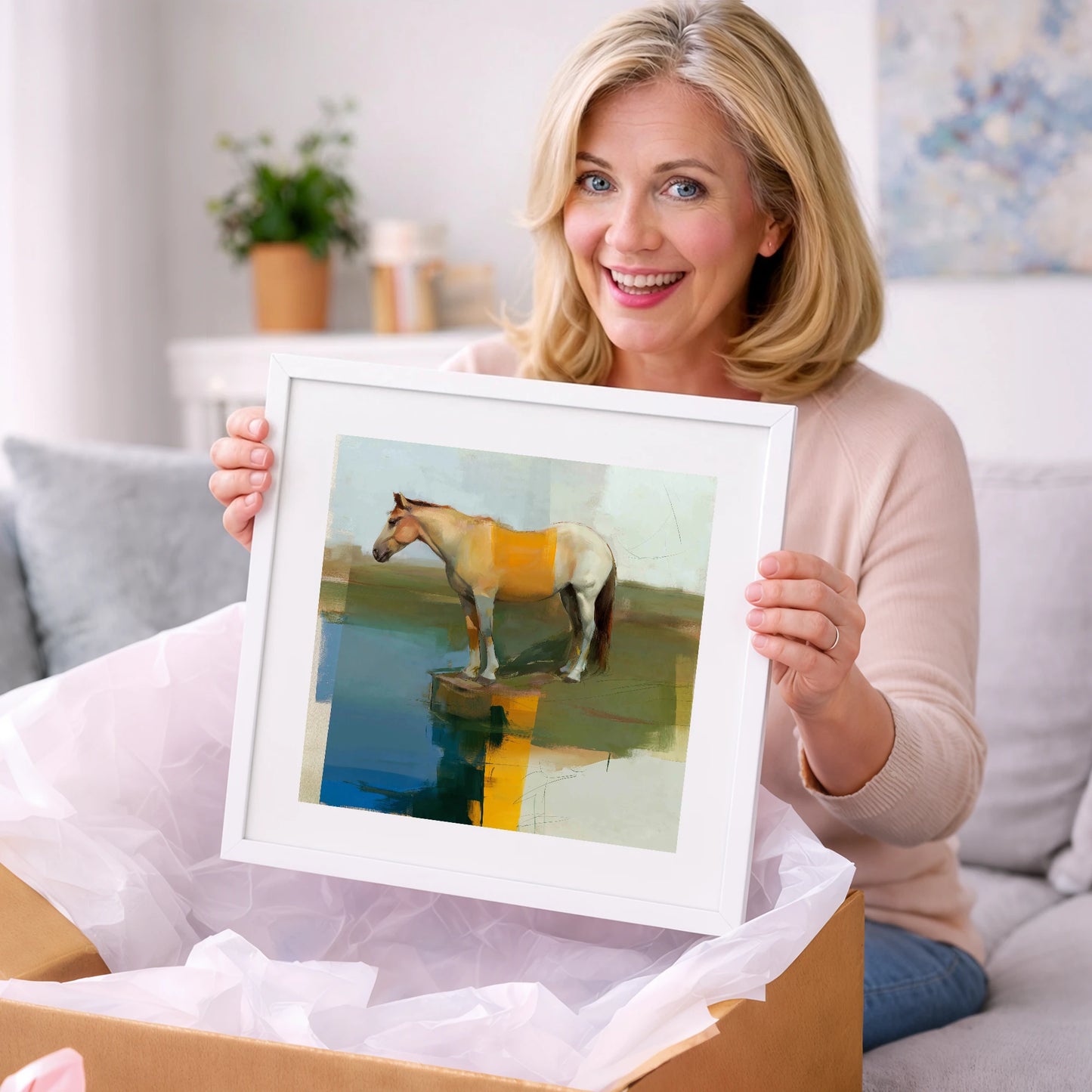 Geometric Waterside Reflection - horse landscape art gift idea for horse lovers