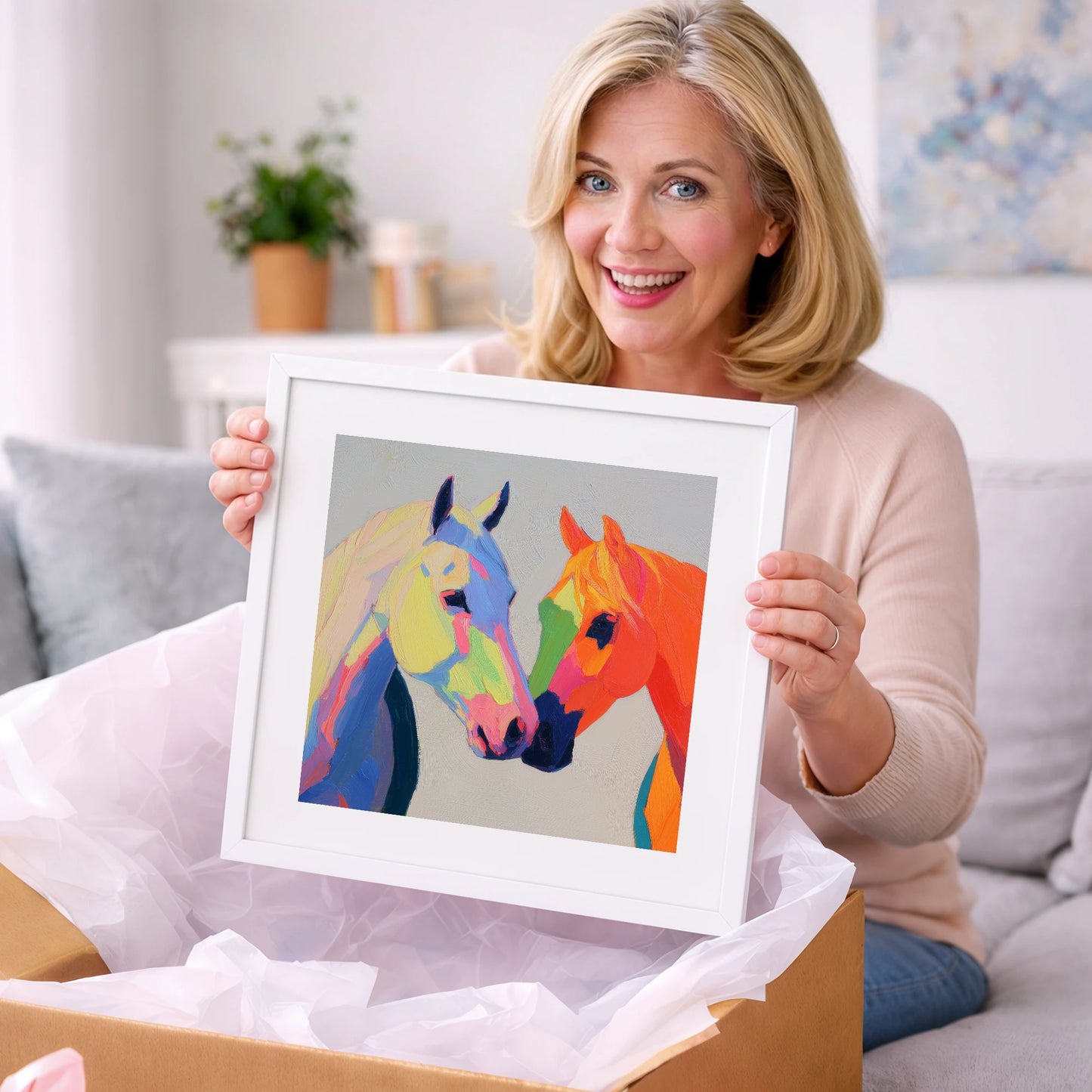 Technicolour Companions - horse portrait art gift idea for horse lovers