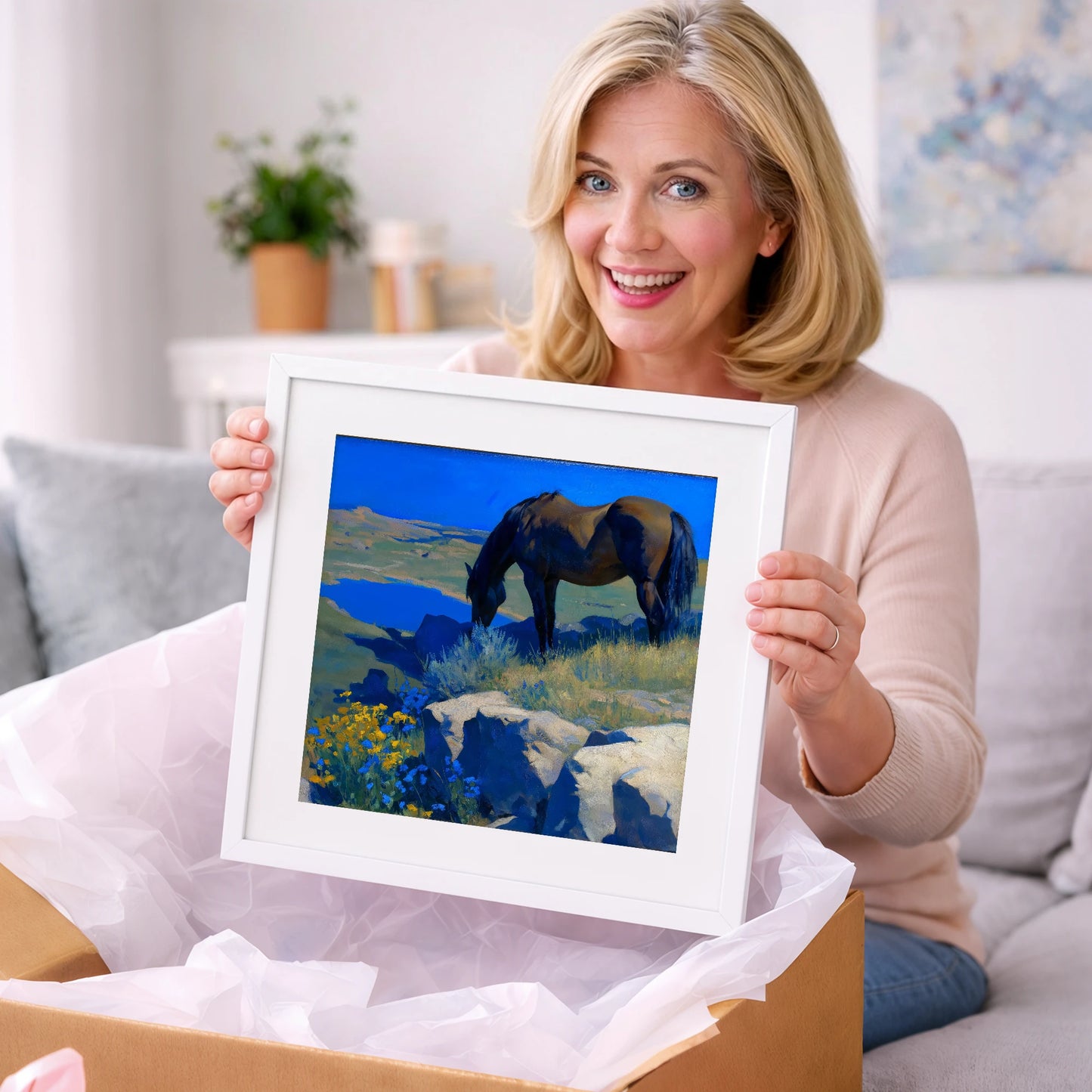 Cobalt Horizon Grazing - horse landscape art gift idea for horse lovers
