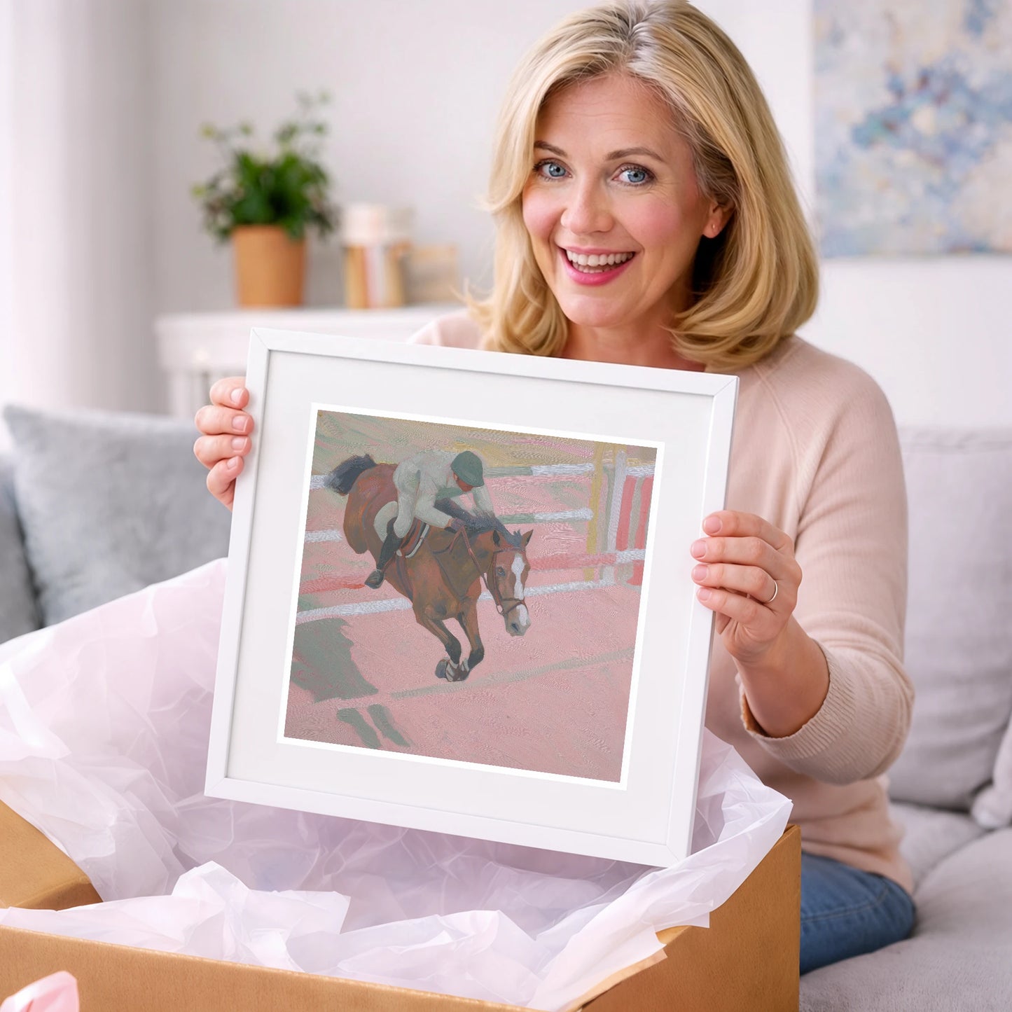 Suspended in Pink - show jumping horse art gift idea for horse lovers