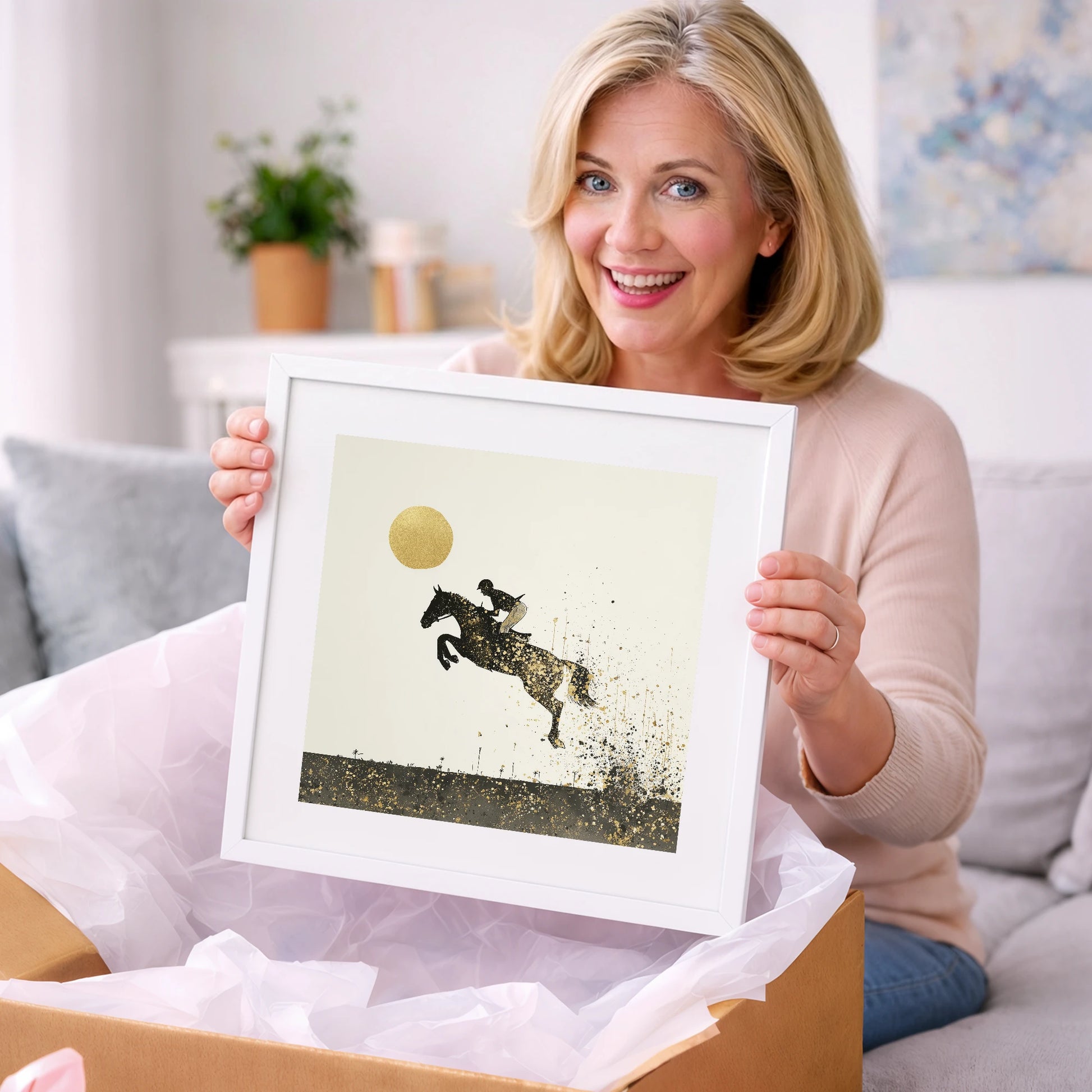 Golden Flight - show jumping horse art gift idea for horse lovers
