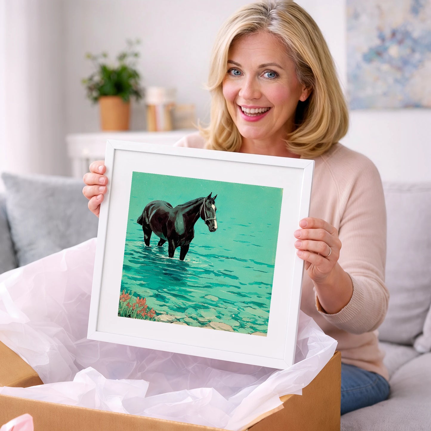 Midnight in the Shallows - beach horse art gift idea for horse lovers