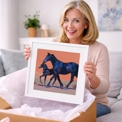 Bold Indigo Strides - mare & foal art gift idea for horse lovers