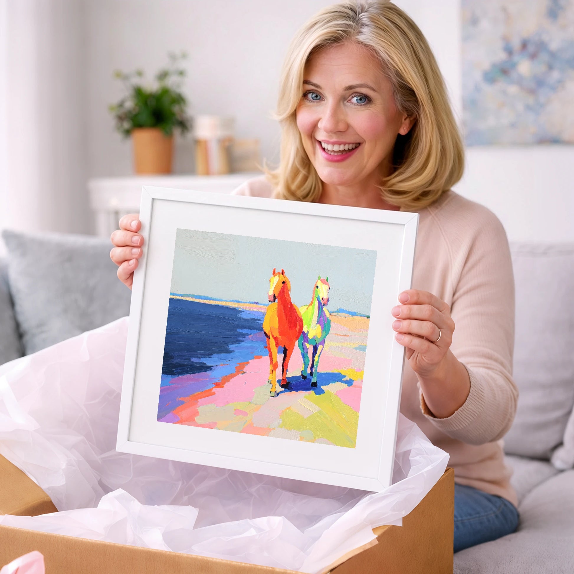 Vibrant Coastal Companions - horse landscape art gift idea for horse lovers