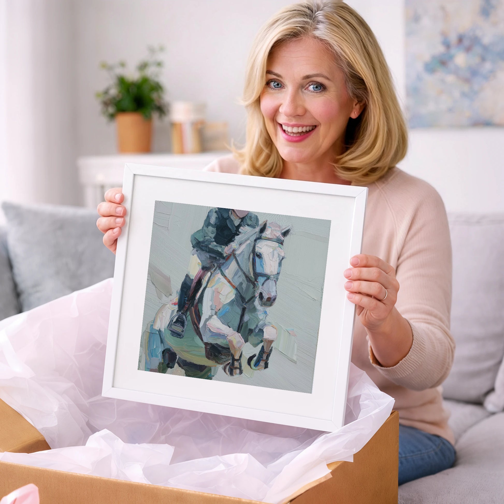 Flight in Grey - show jumping horse art gift idea for horse lovers