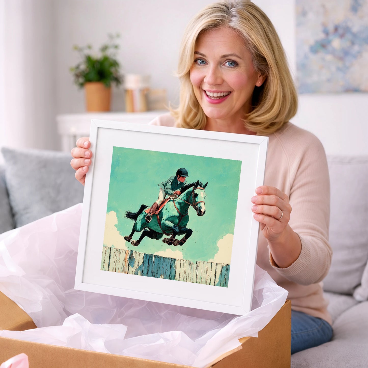 Teal Airborne Leap - show jumping horse art gift idea for horse lovers