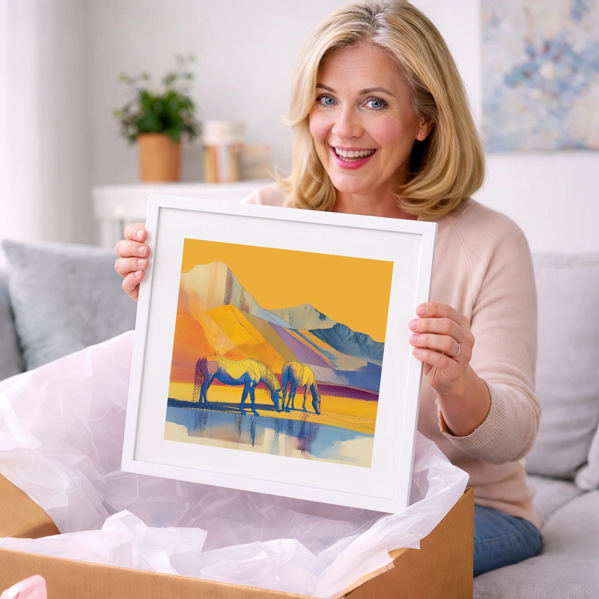 Golden Mountain Pasture - horse landscape art gift idea for horse lovers