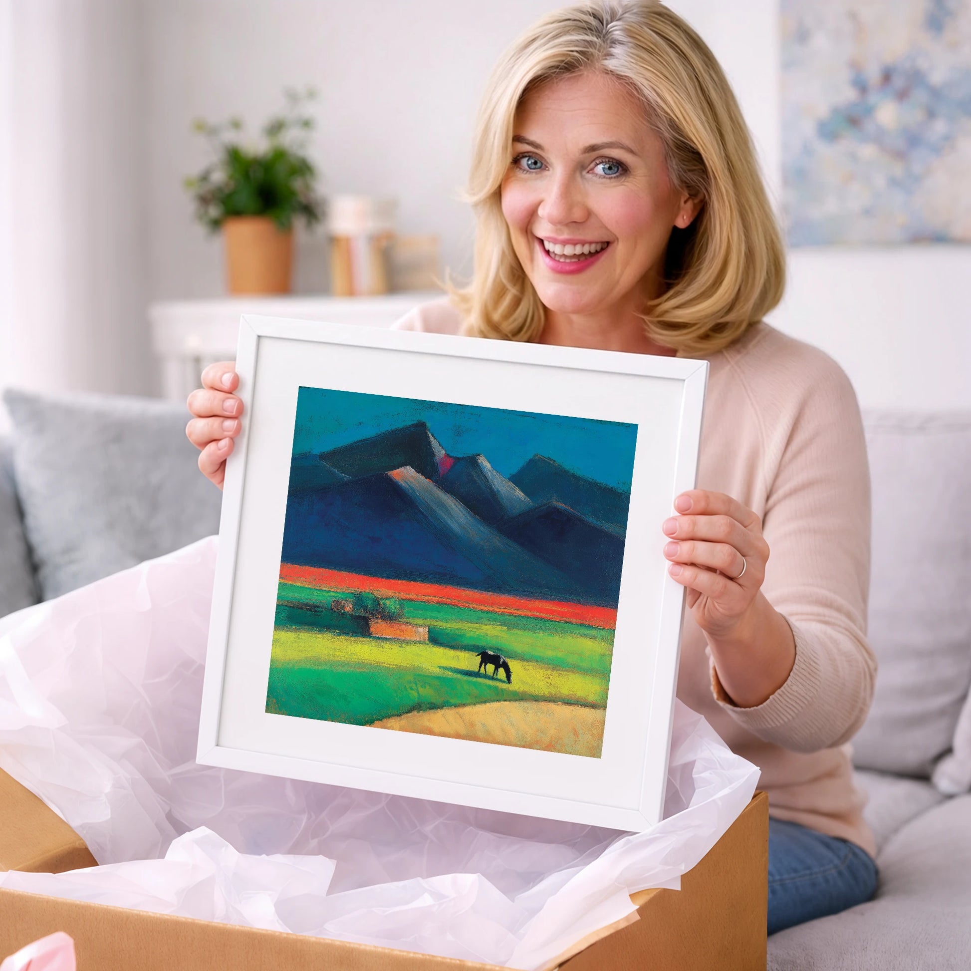 Grazing Beneath Indigo Peaks - horse landscape art gift idea for horse lovers