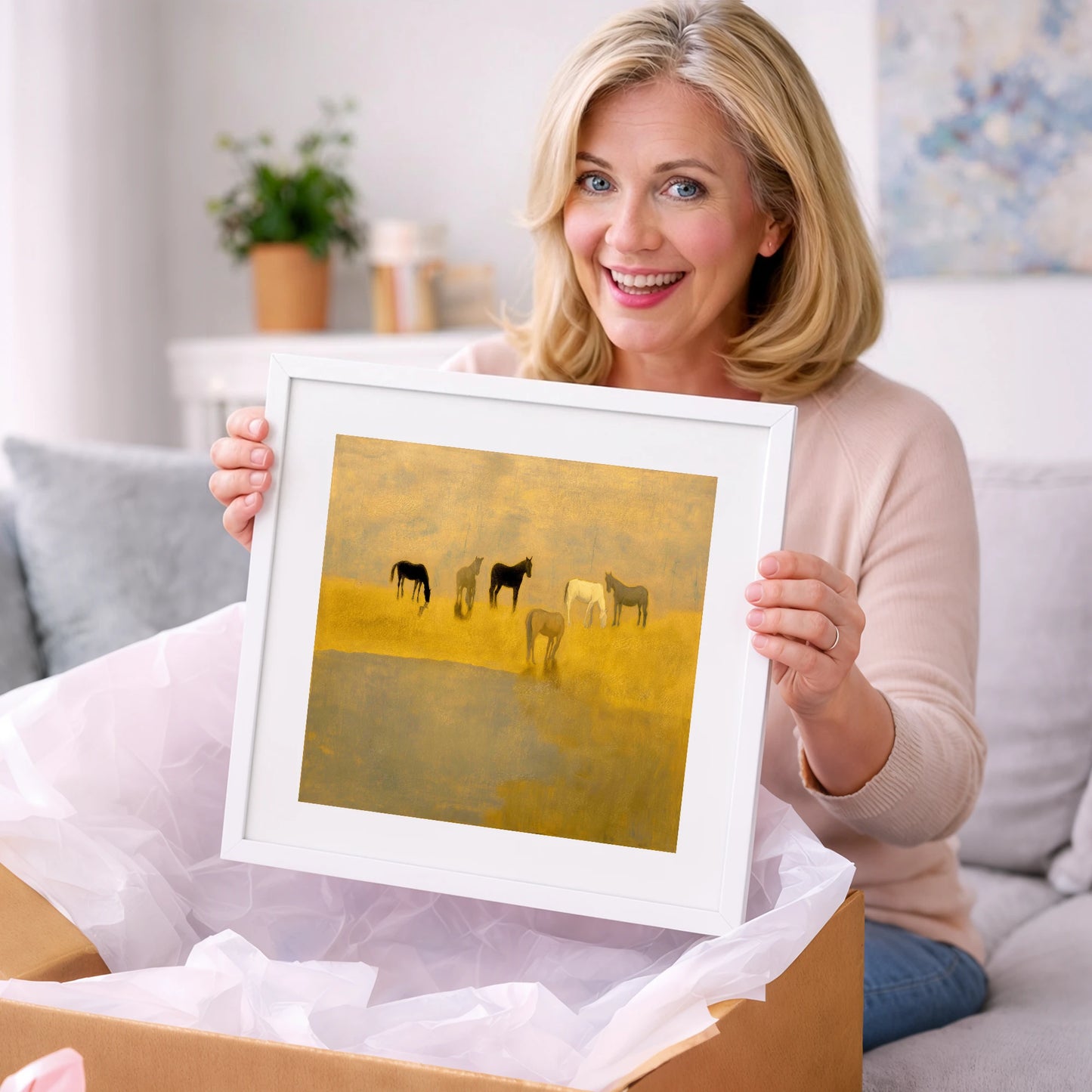 Golden Haze Grazing - wild horses art gift idea for horse lovers