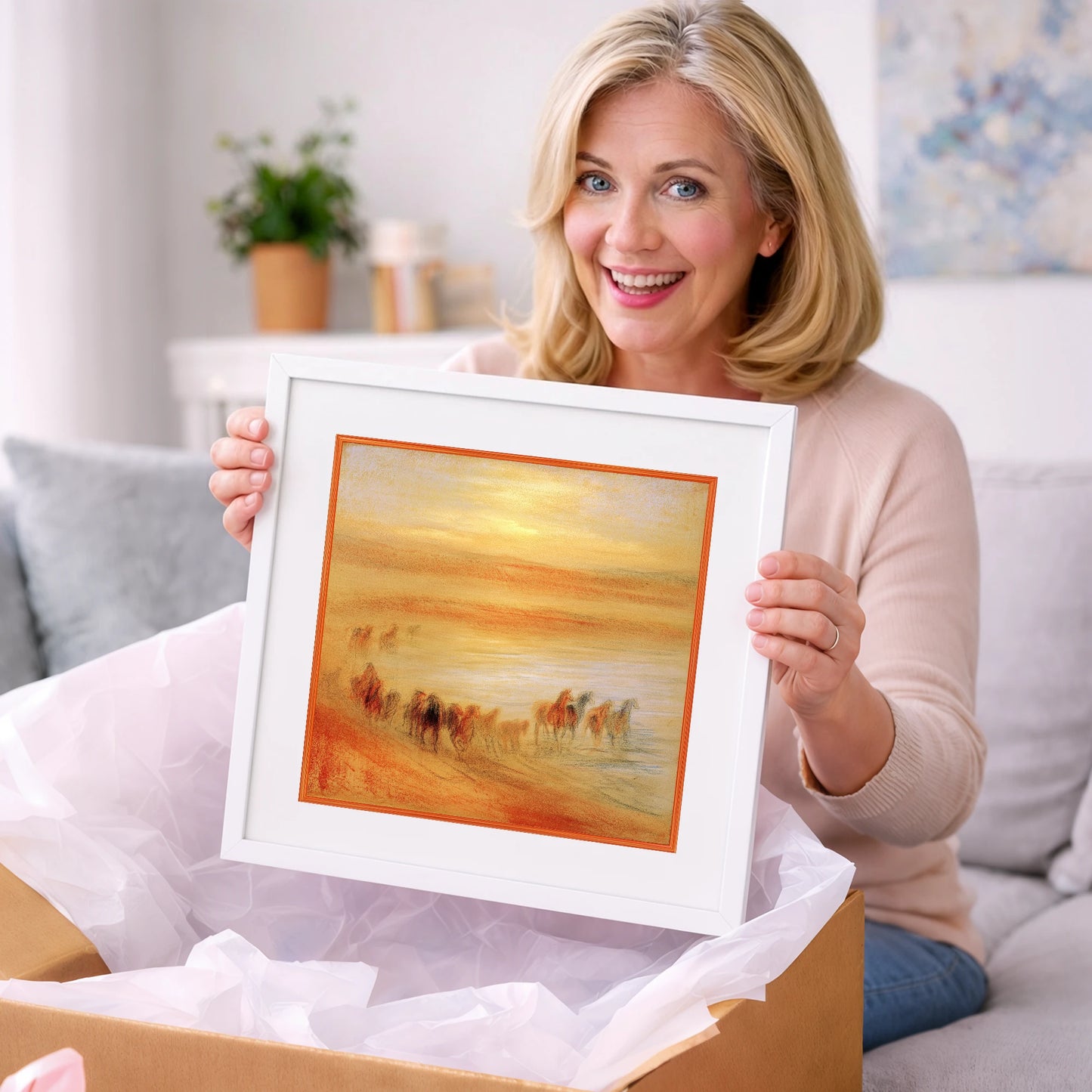 Terracotta Sunrise Herd - horse landscape art gift idea for horse lovers