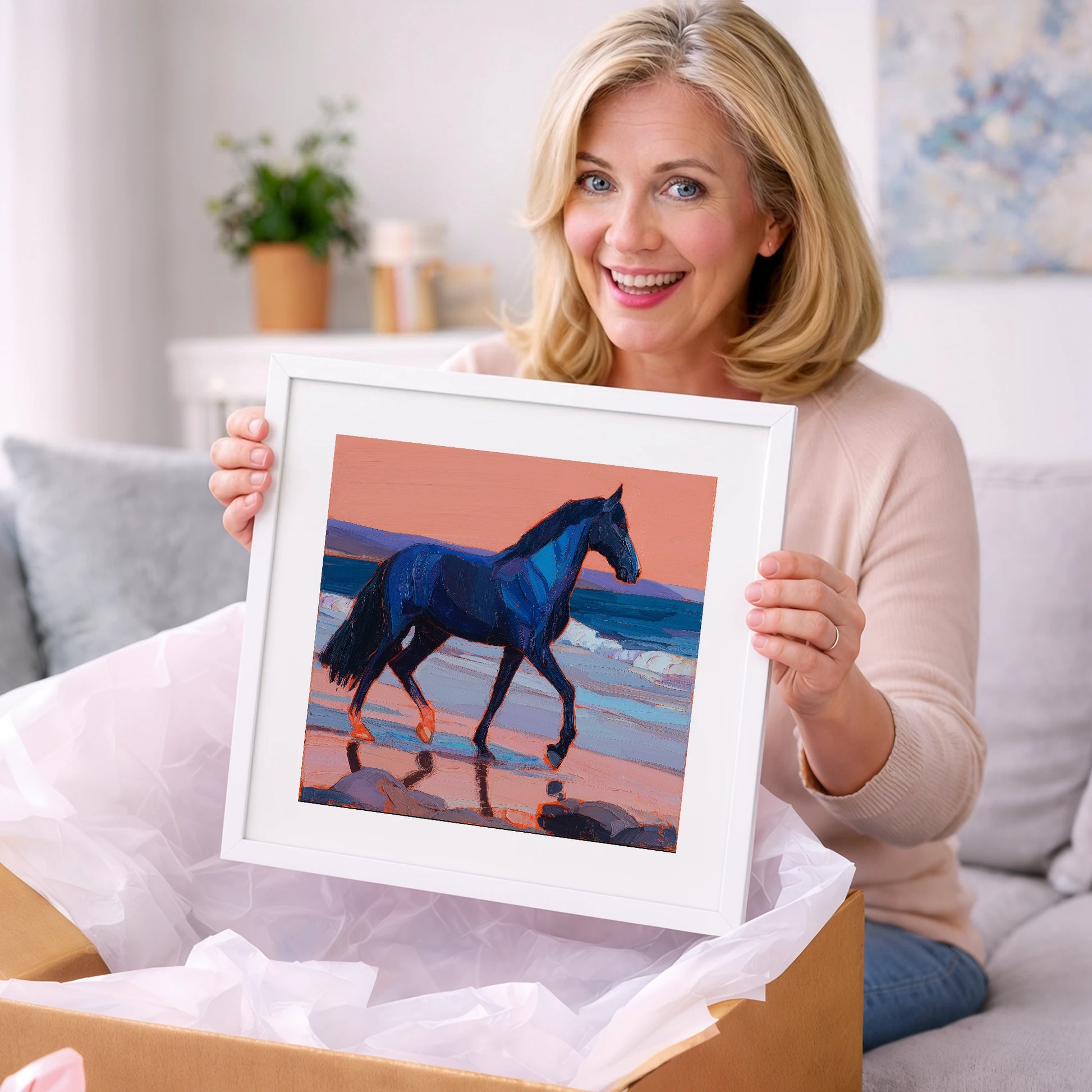 Indigo Beach Stride - horse landscape art gift idea for horse lovers