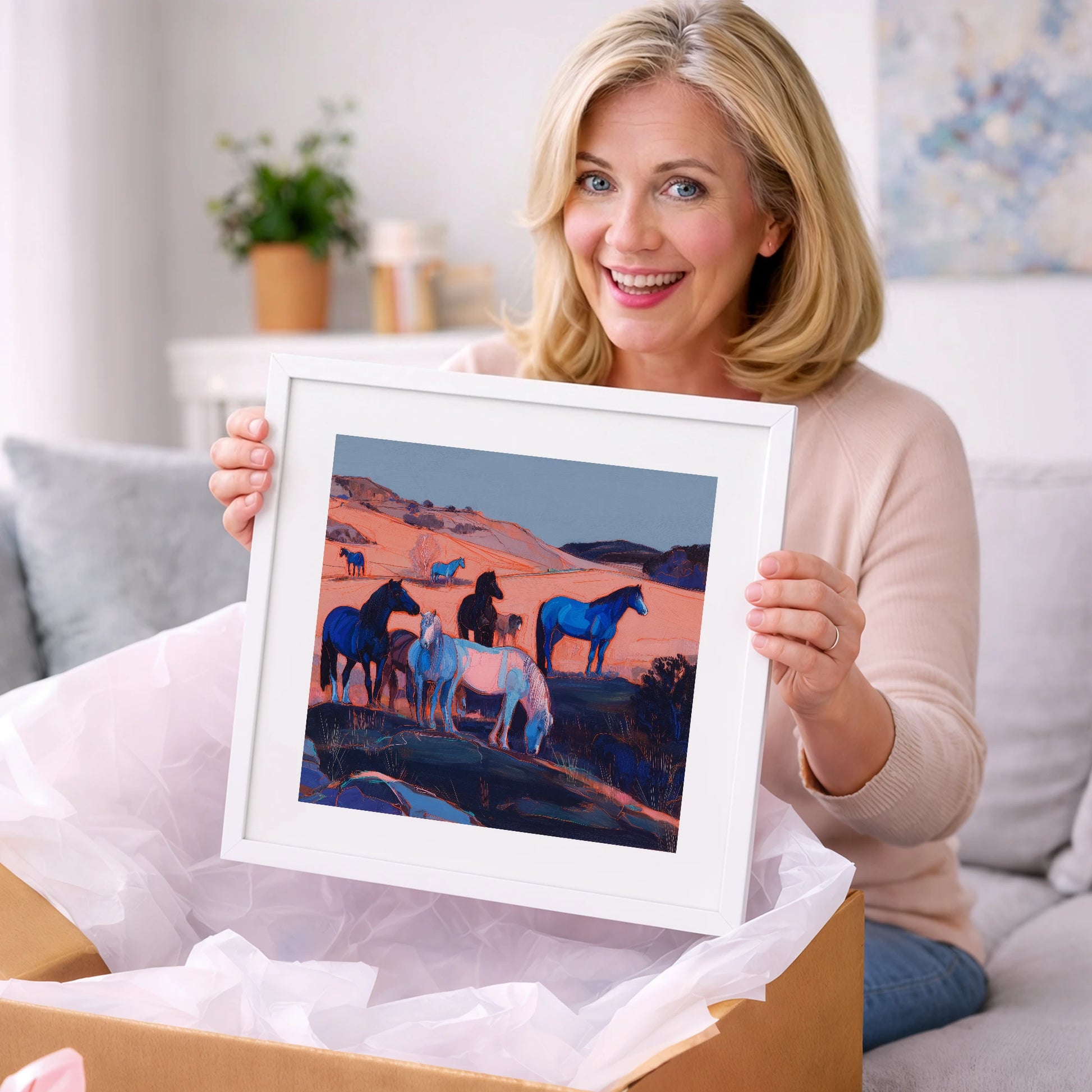 Indigo Herd at Dusk - horse landscape art gift idea for horse lovers