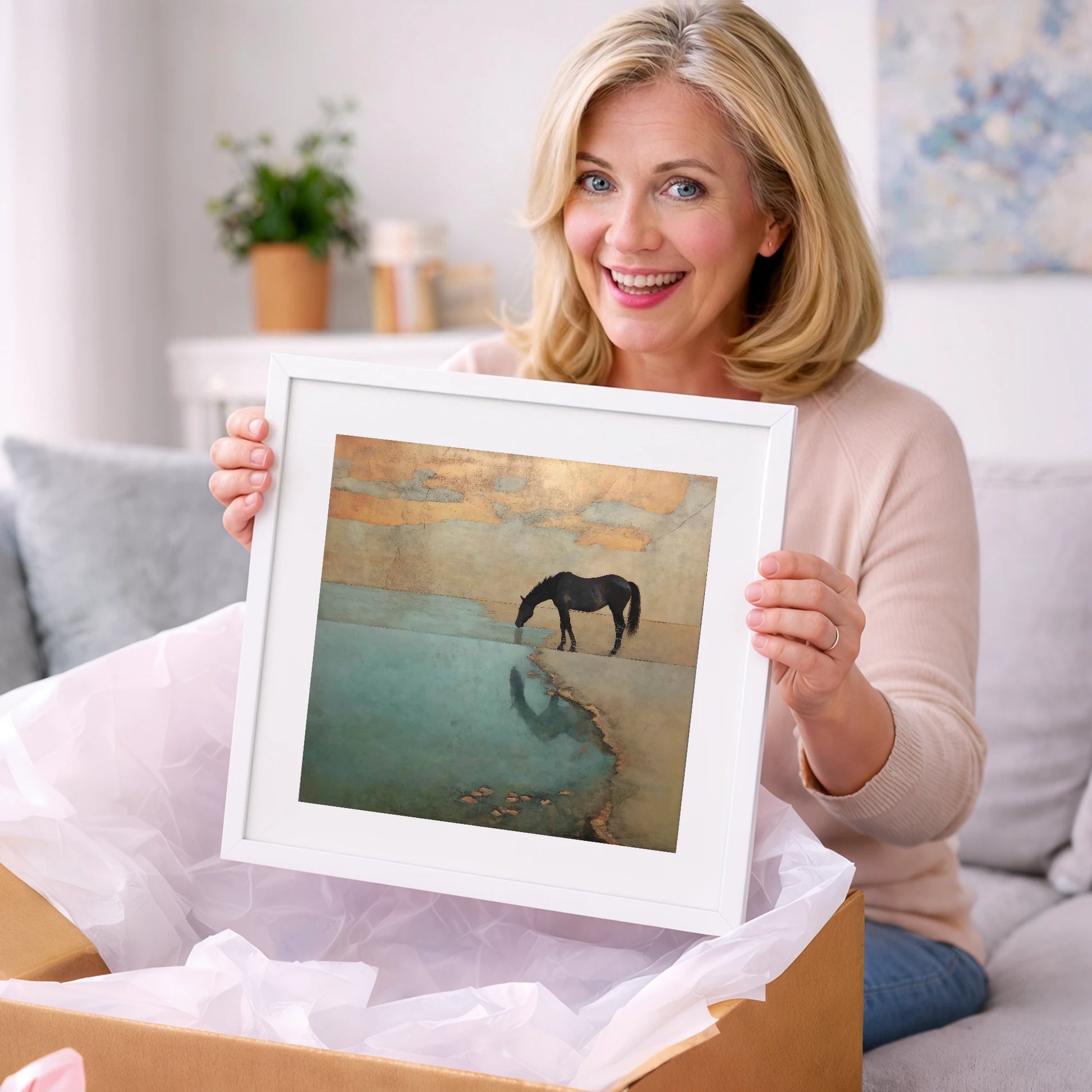 Golden Shores Reflection - horse landscape art gift idea for horse lovers
