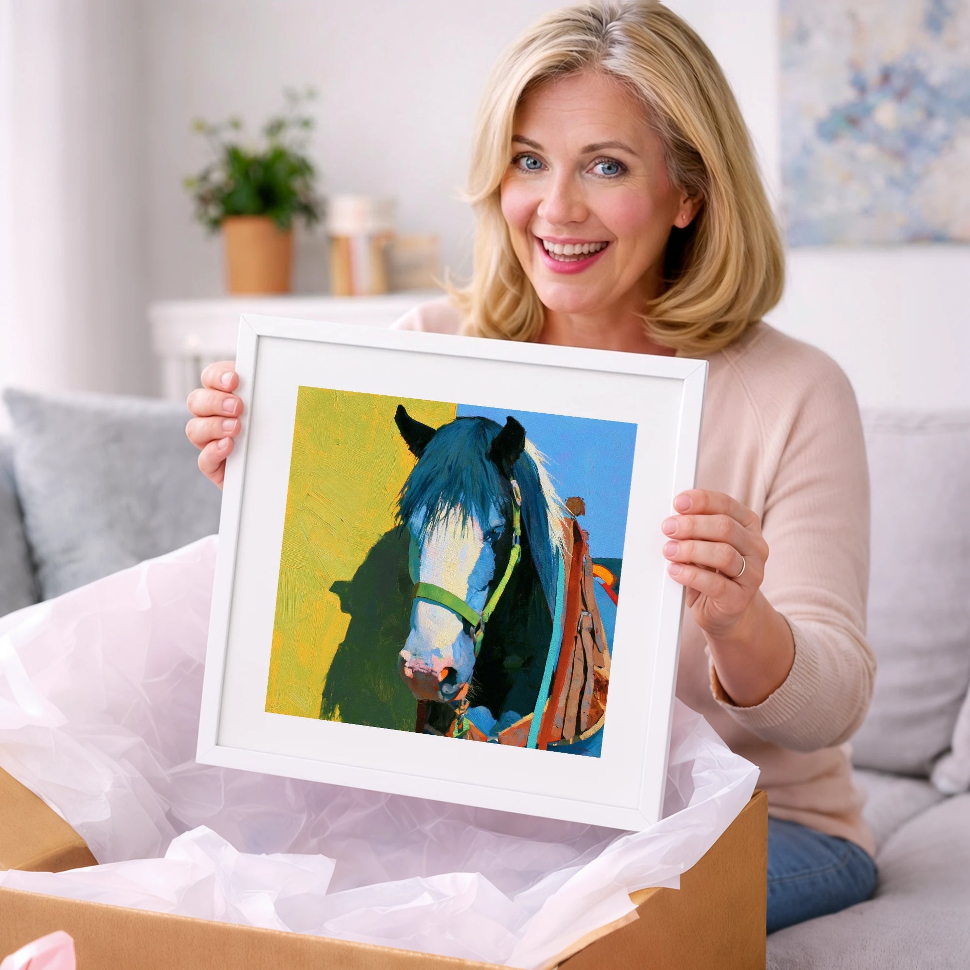 Tacked Horse Against Yellow Wall - horse breed art gift idea for horse lovers
