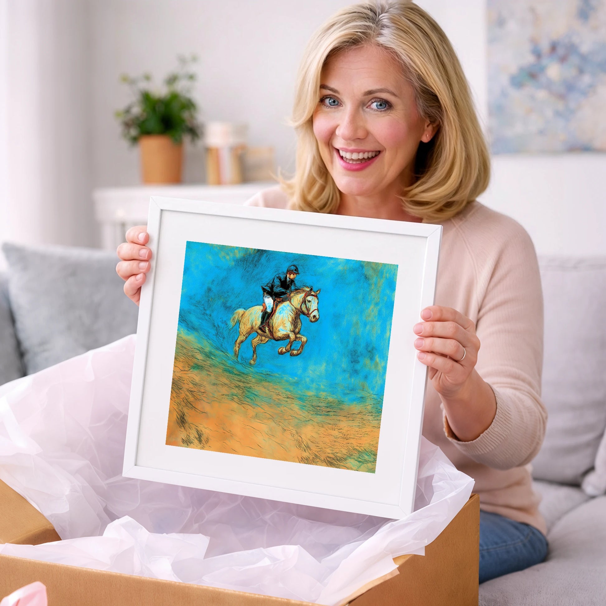 Flight in Cerulean - show jumping horse art gift idea for horse lovers