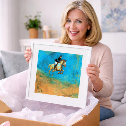 Flight in Cerulean - show jumping horse art gift idea for horse lovers