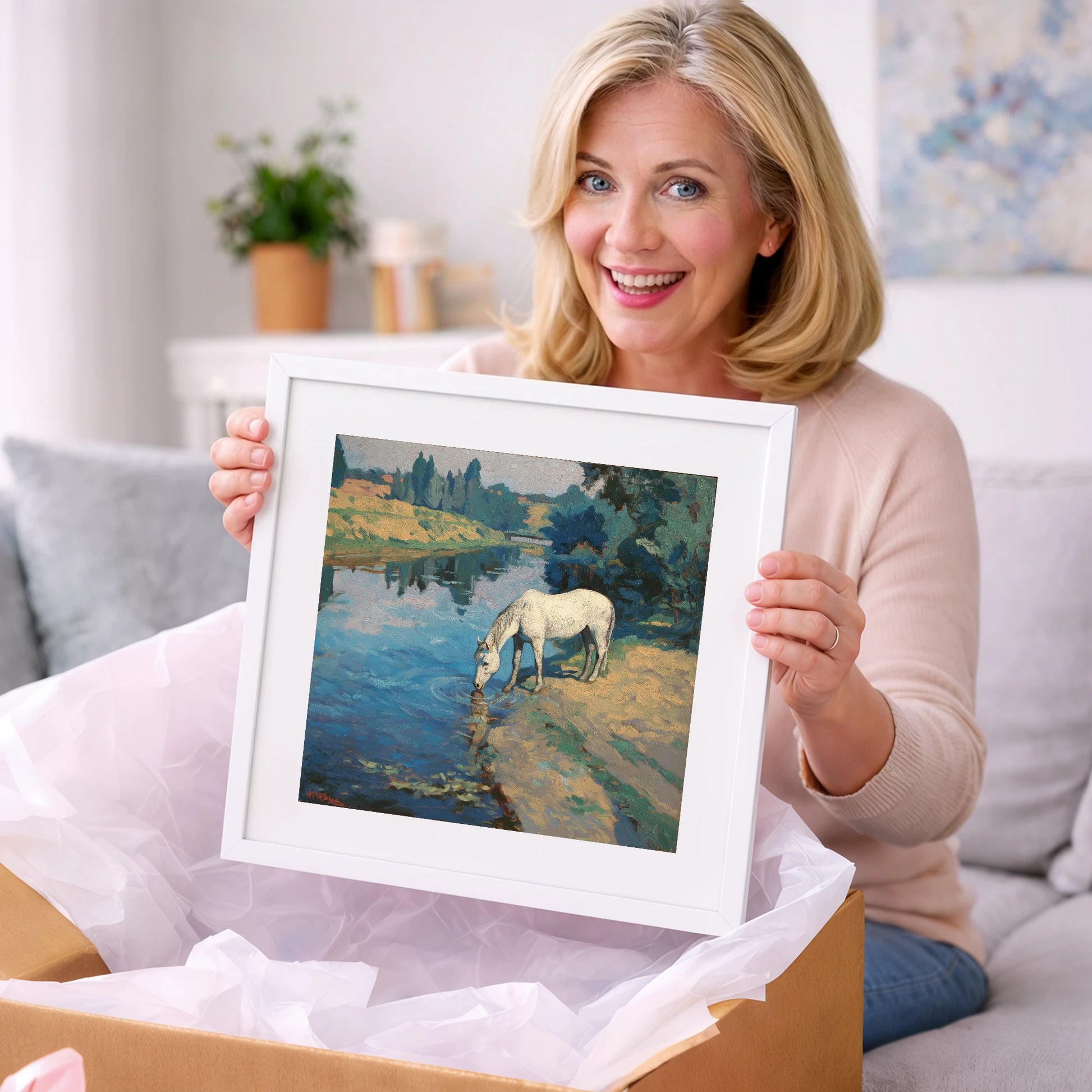 Solace at the River - horse landscape art gift idea for horse lovers