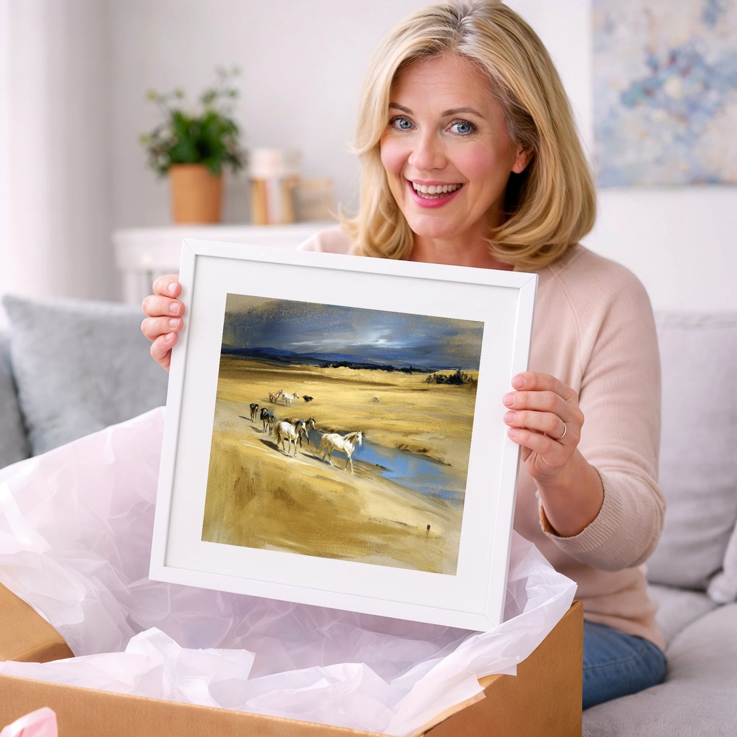 Golden Veldt Crossing - horse landscape art gift idea for horse lovers