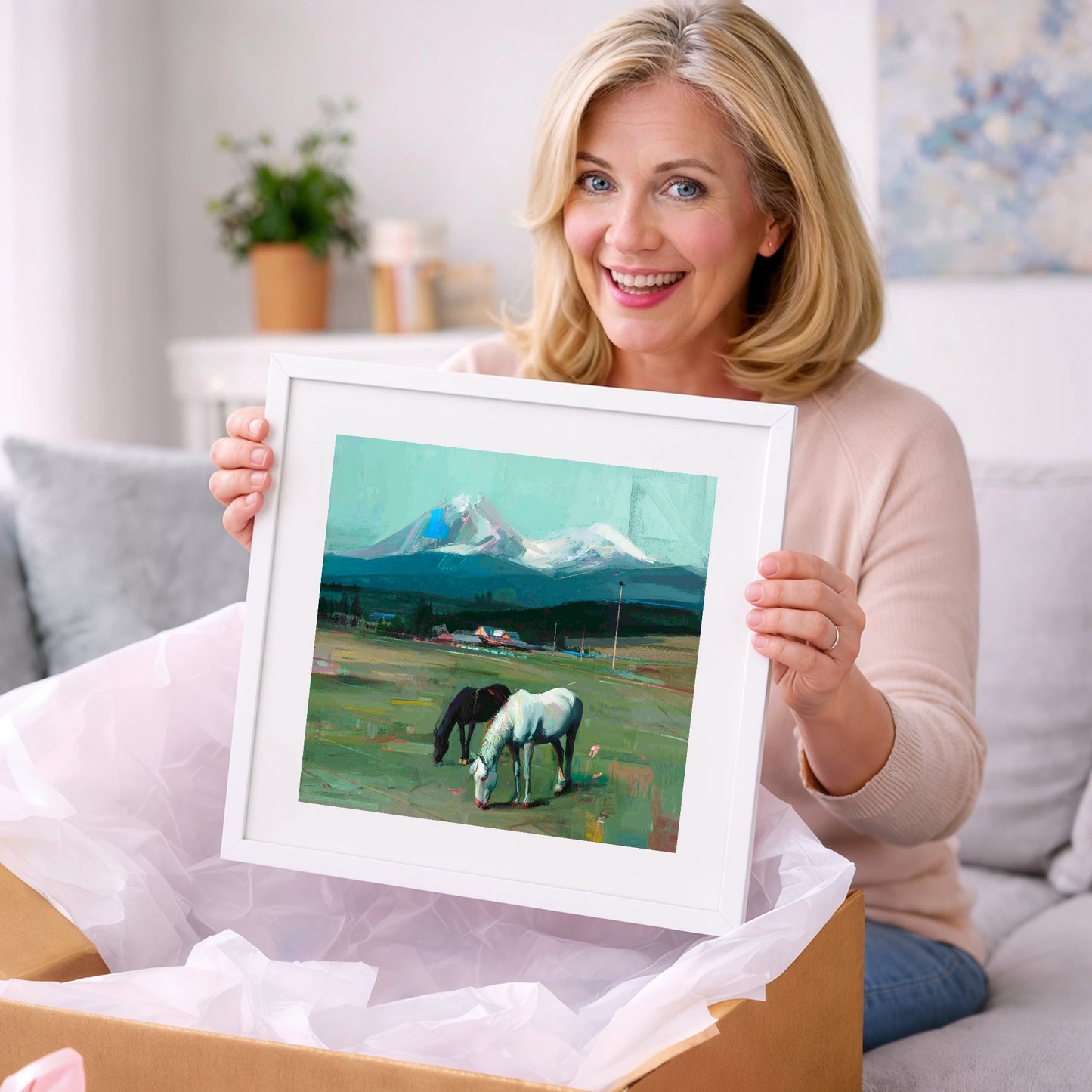 Companions Beneath the Peak - horse landscape art gift idea for horse lovers
