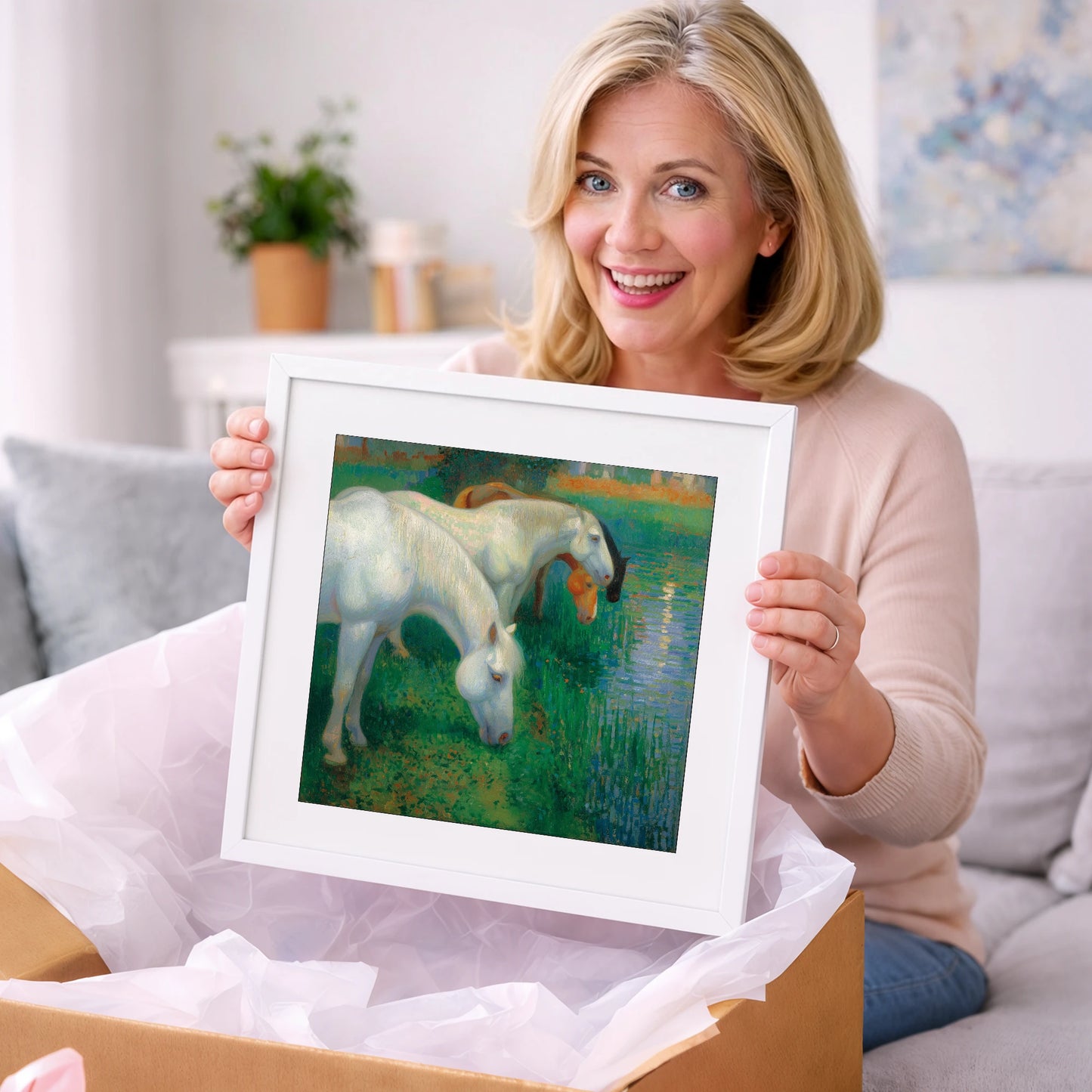 Luminous Riverside Grazing - horse landscape art gift idea for horse lovers