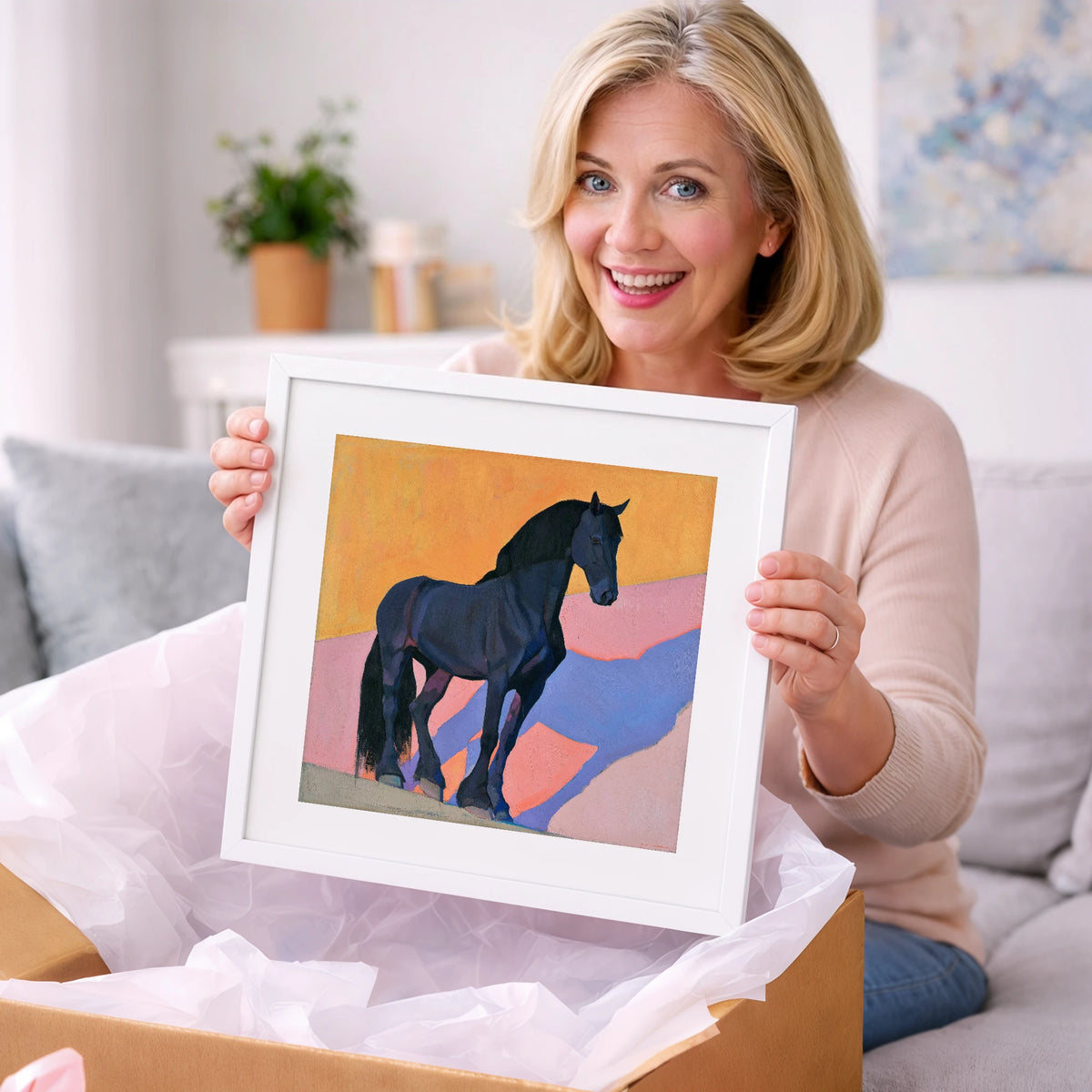 Black Friesian On Vibrant Orange - horse breed art gift idea for horse lovers