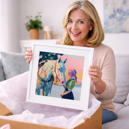 Vibrant Sunset Connection - horse & rider art gift idea for horse lovers