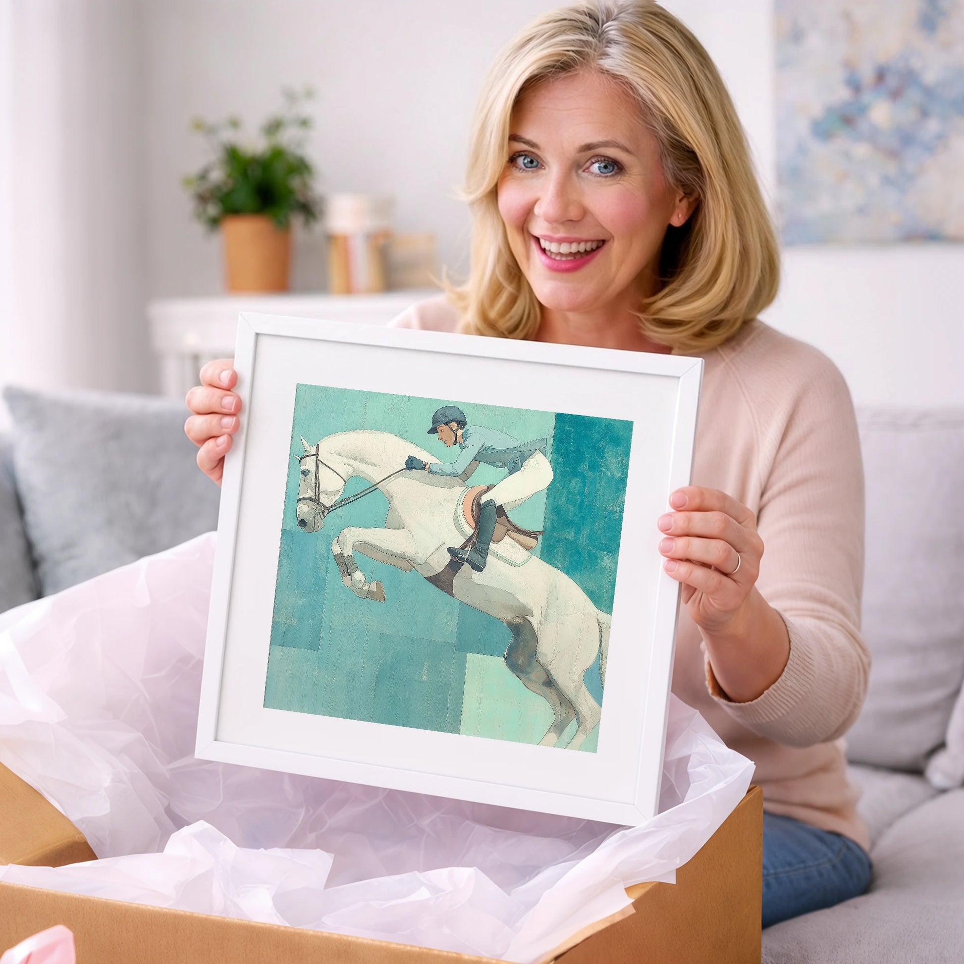 Aquamarine Flight - show jumping horse art gift idea for horse lovers