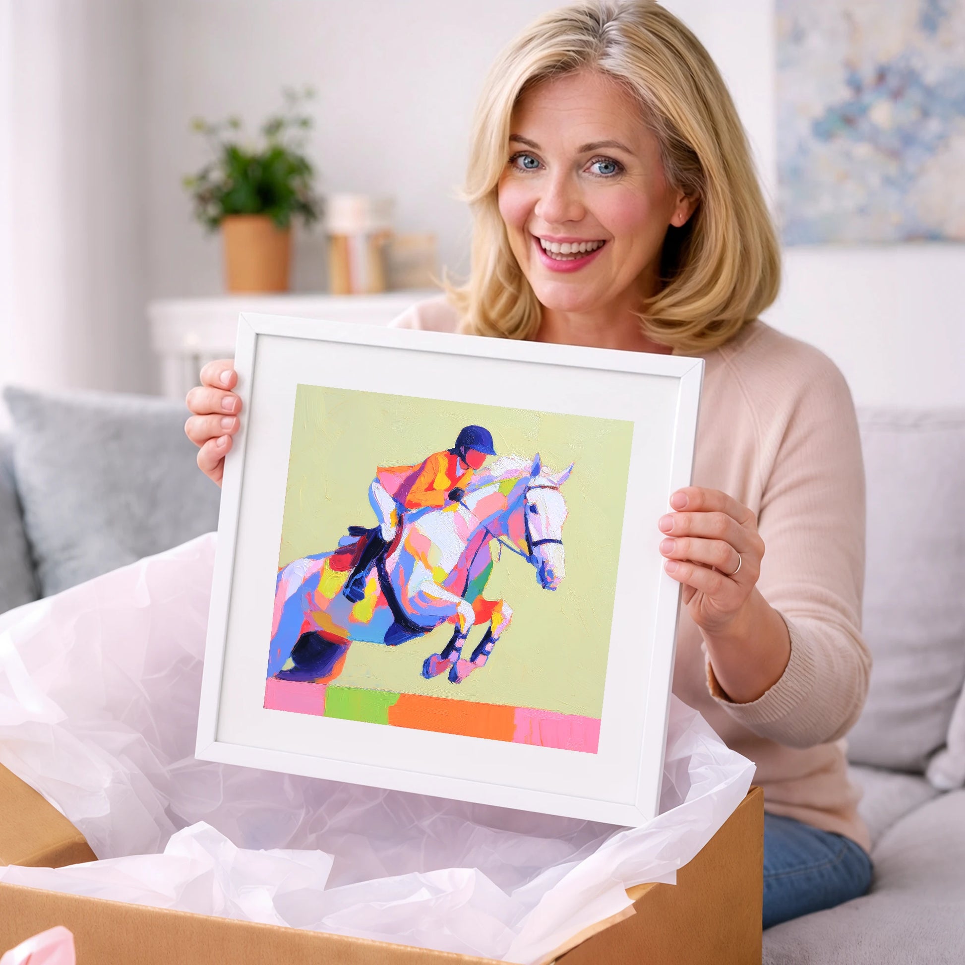 Technicolour Flight - show jumping horse art gift idea for horse lovers