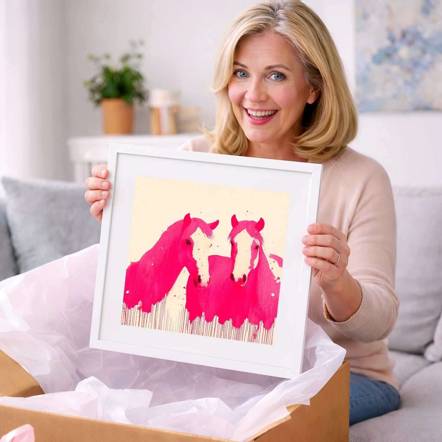 Vivid Magenta Pair - horse landscape art gift idea for horse lovers