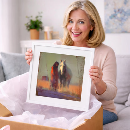 Whispers in the Haze - horse & rider art gift idea for horse lovers