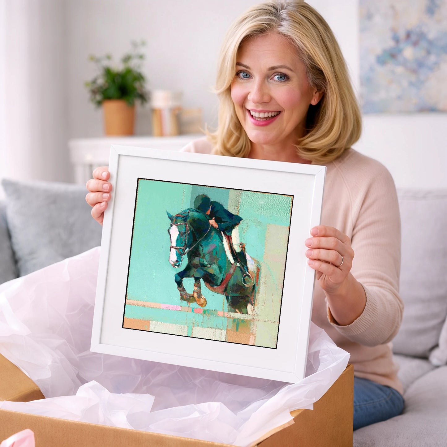 Suspended in Teal - show jumping horse art gift idea for horse lovers