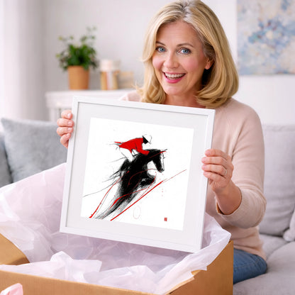 Flight in Crimson - show jumping horse art gift idea for horse lovers
