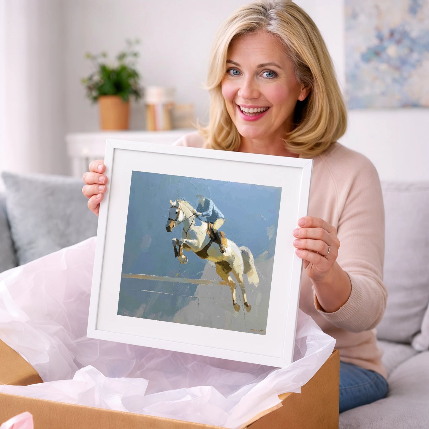 Flight Over Slate - show jumping horse art gift idea for horse lovers