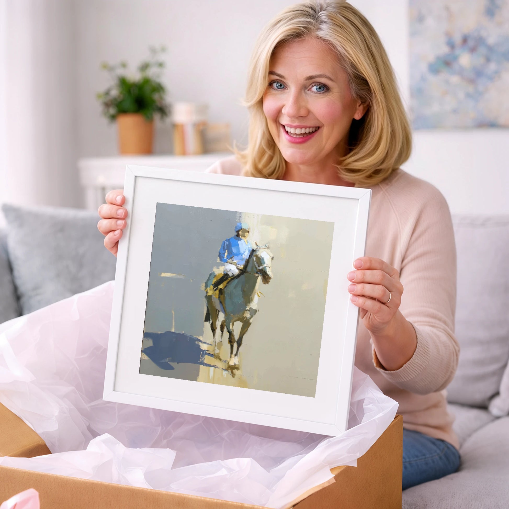 Blue Silks and Shadows - racing horse art gift idea for horse lovers