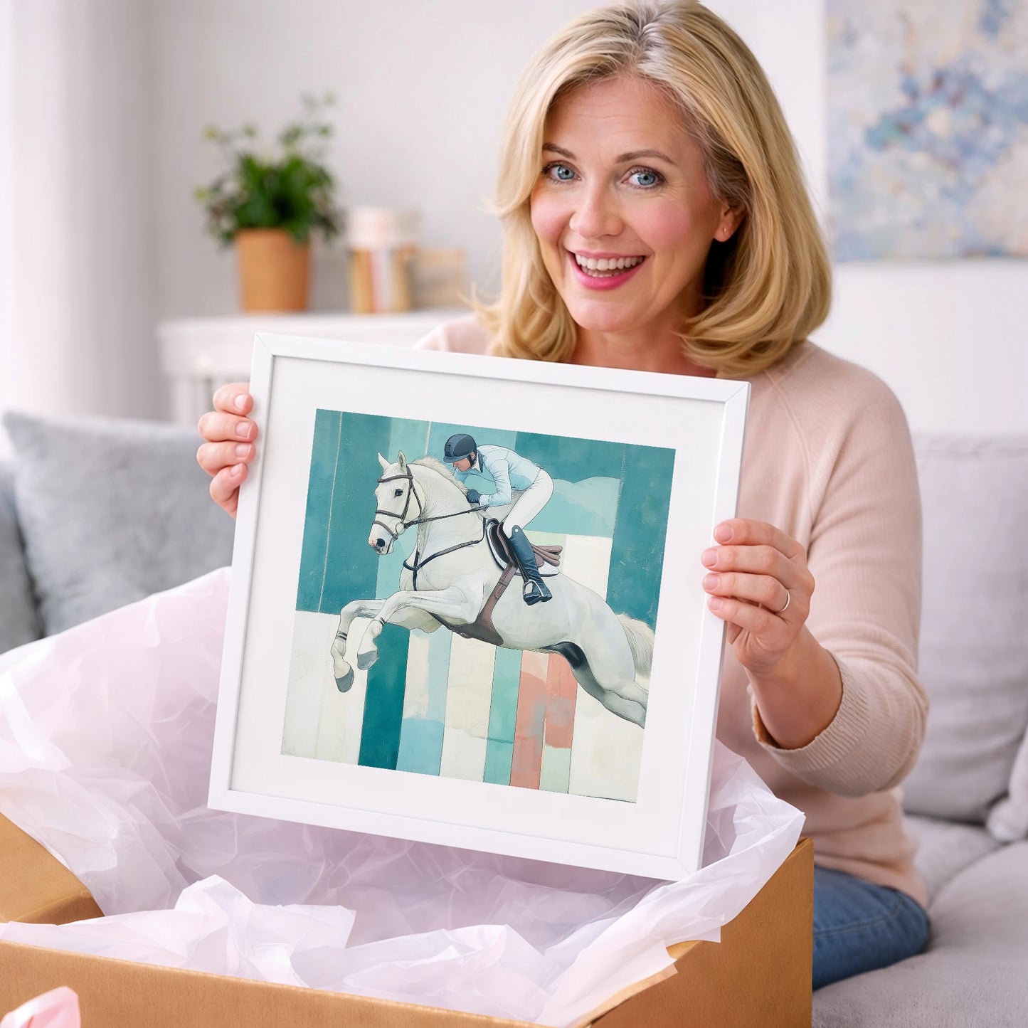Aquamarine Ascent - show jumping horse art gift idea for horse lovers