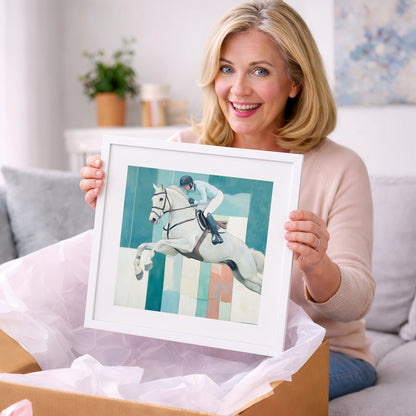 Aquamarine Ascent - show jumping horse art gift idea for horse lovers
