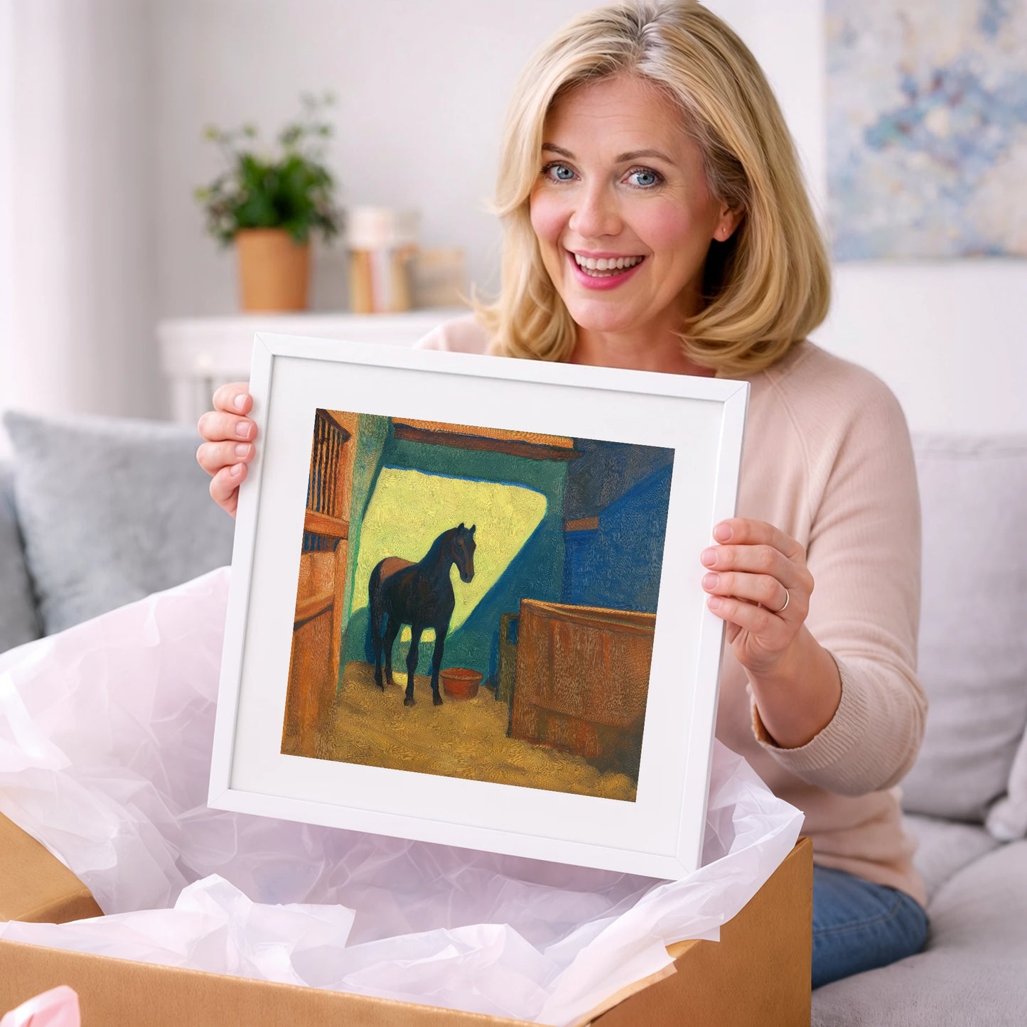 The Sunlit Stall - horse stable art gift idea for horse lovers