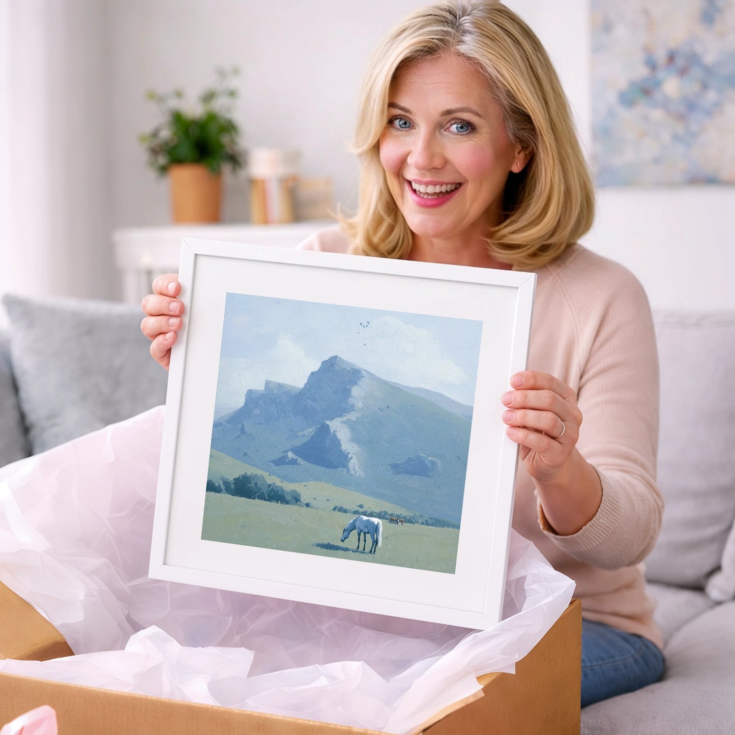 Beneath the Blue Peaks - horse landscape art gift idea for horse lovers